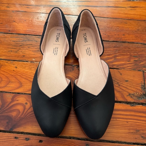 TOMS Julie d'Orsay Flats Black Leather Canvas Heeled Loafer Size 10 Like New - Picture 6 of 11